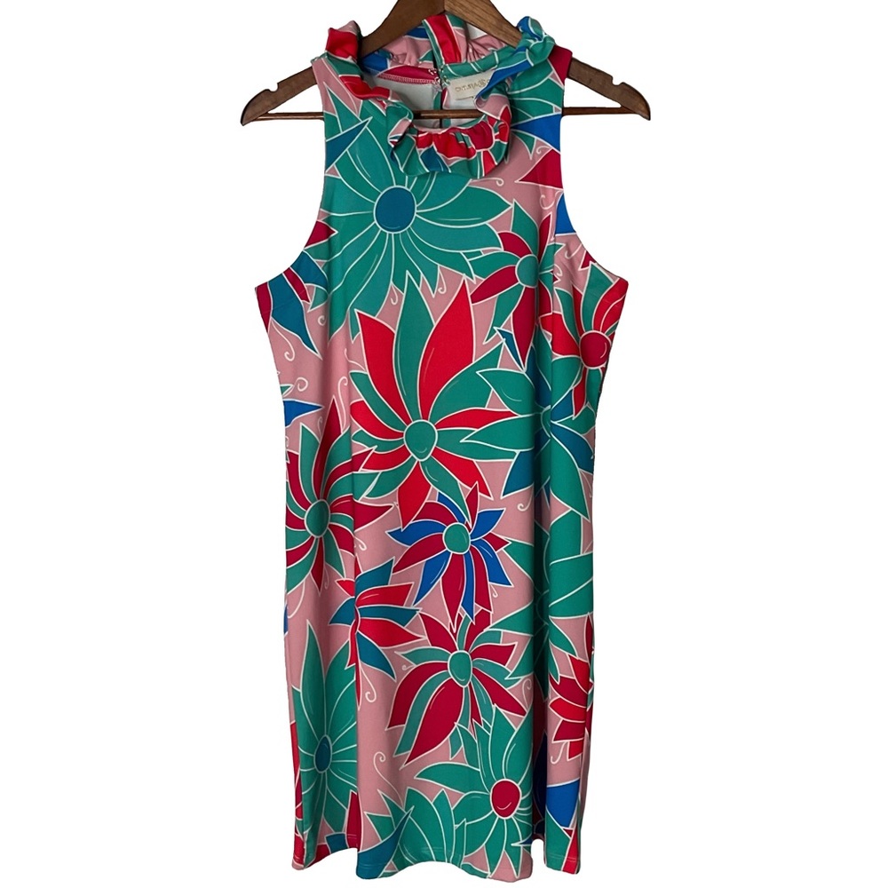 Chelsea Gunn Māori High Neck Ruffle Collar Sleeveless Shift Floral Dress Size LG